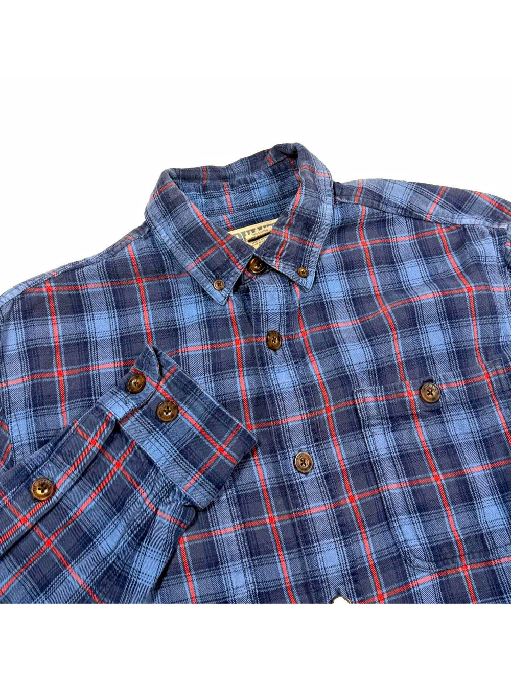 Duluth Trading Co Men’s Size Small Cotton Plaid Button-Down Shirt Blue Red Gray
